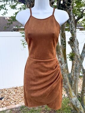 AQUA Brown Faux Suede Ruched Mini Dress Sleeveless Bodycon Size S